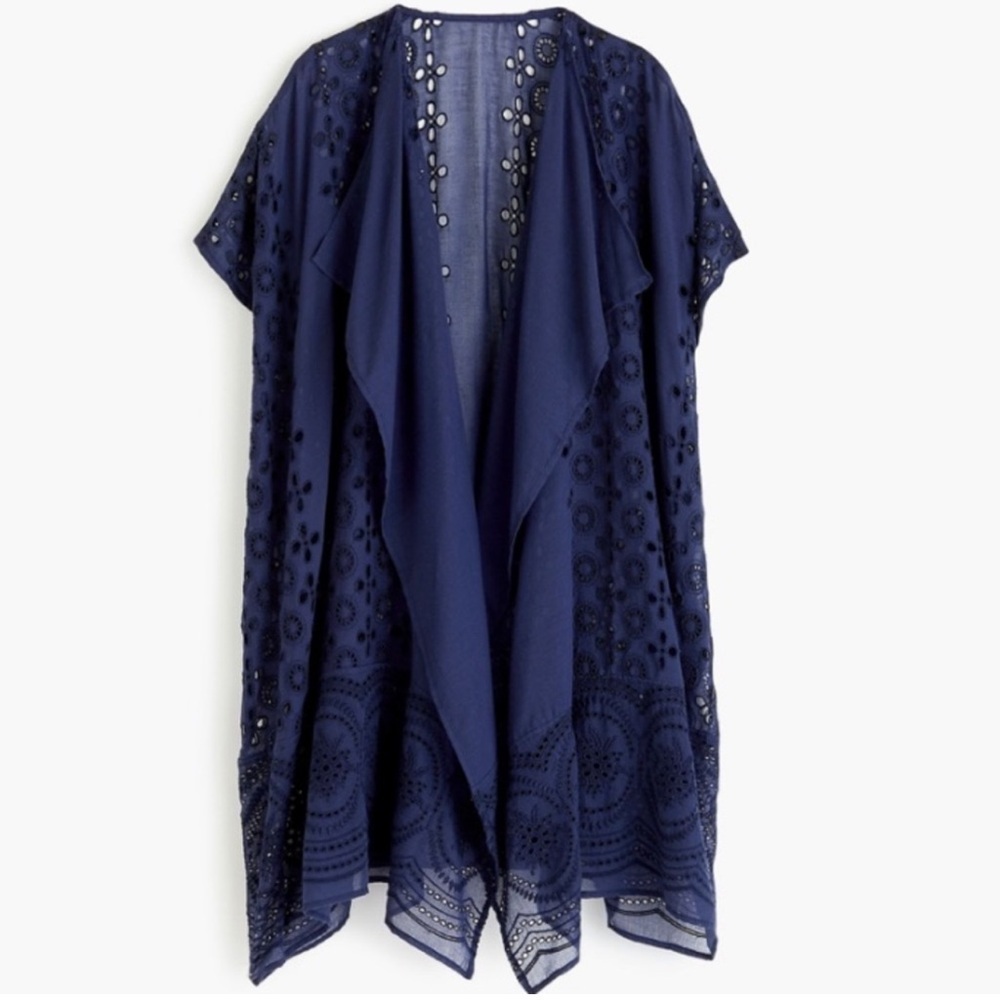 J Crew NEW Eyelet beach poncho swimsuit cover up kimono navy blue vacation